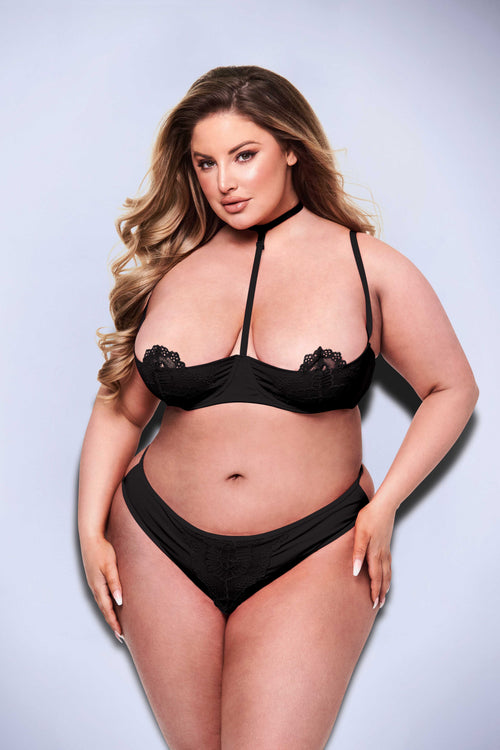 BACI 2 PEZZI REGGISENO E PERIZOMA SEXY A QUARTO DI COPPA NERO, QS